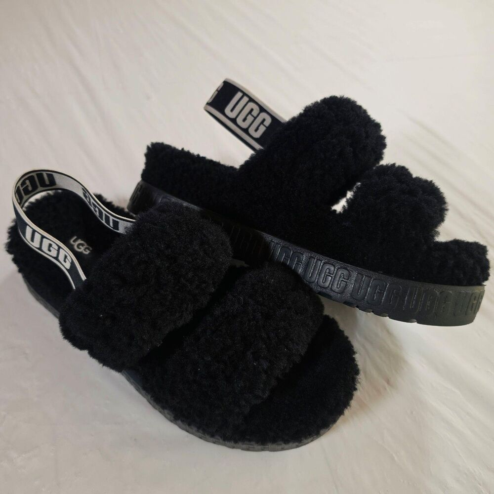 UGG Oh Yeah Shoes Womens Size 9 Black Fuzzy Shearling Slide Slippers Platform